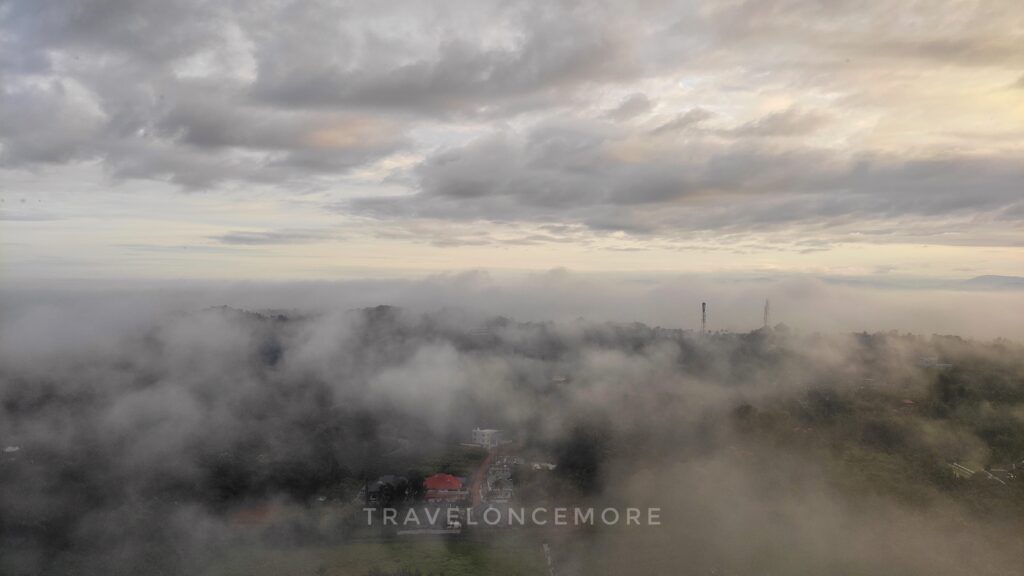 When we arrive the morning after a rainstorm, we are greeted by heavy fog.